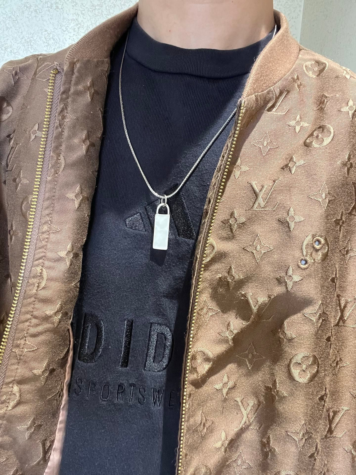 Double-G Emblem Pendant Necklace in Polished Metal-Tone – Design 061 styled product view
