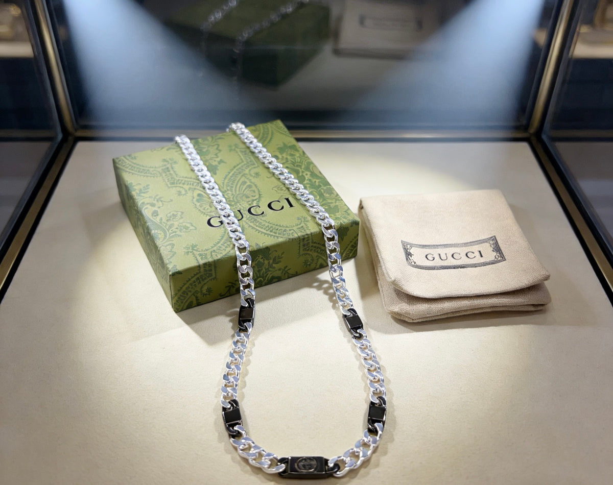 Double-G Emblem Pendant Necklace in Polished Metal-Tone – Design 060 styled product view