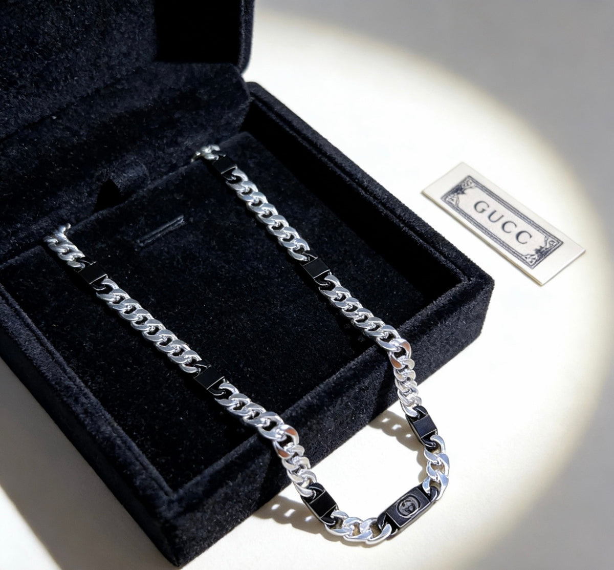 Double-G Emblem Pendant Necklace in Polished Metal-Tone – Design 060 close-up detail
