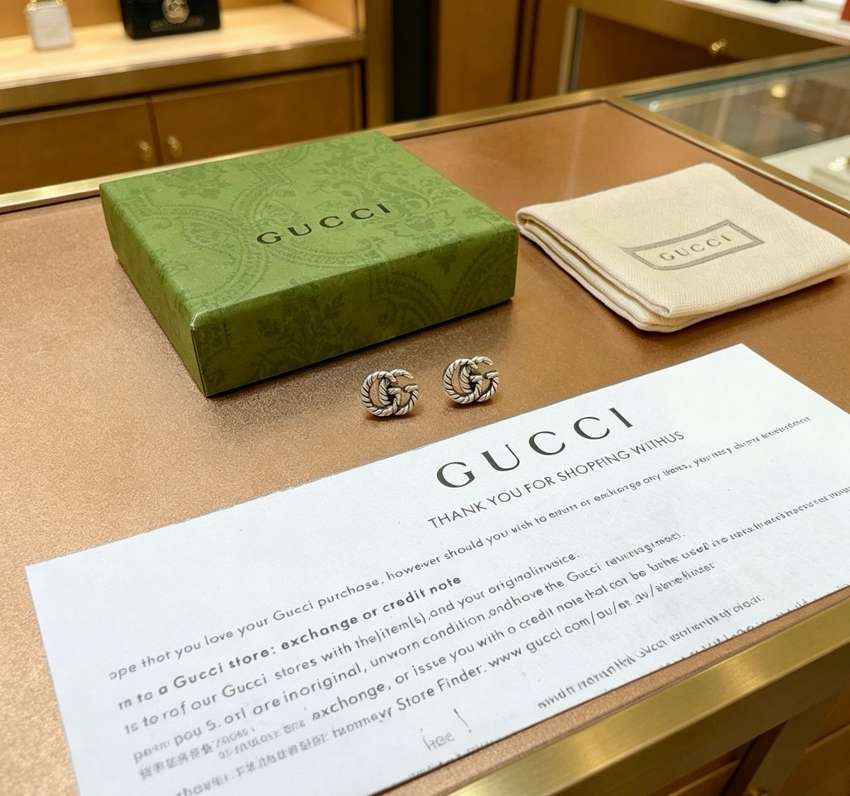 Double-G Emblem Stud Earrings in Polished Metal-Tone – Vintage Detail – Design 009 side detail