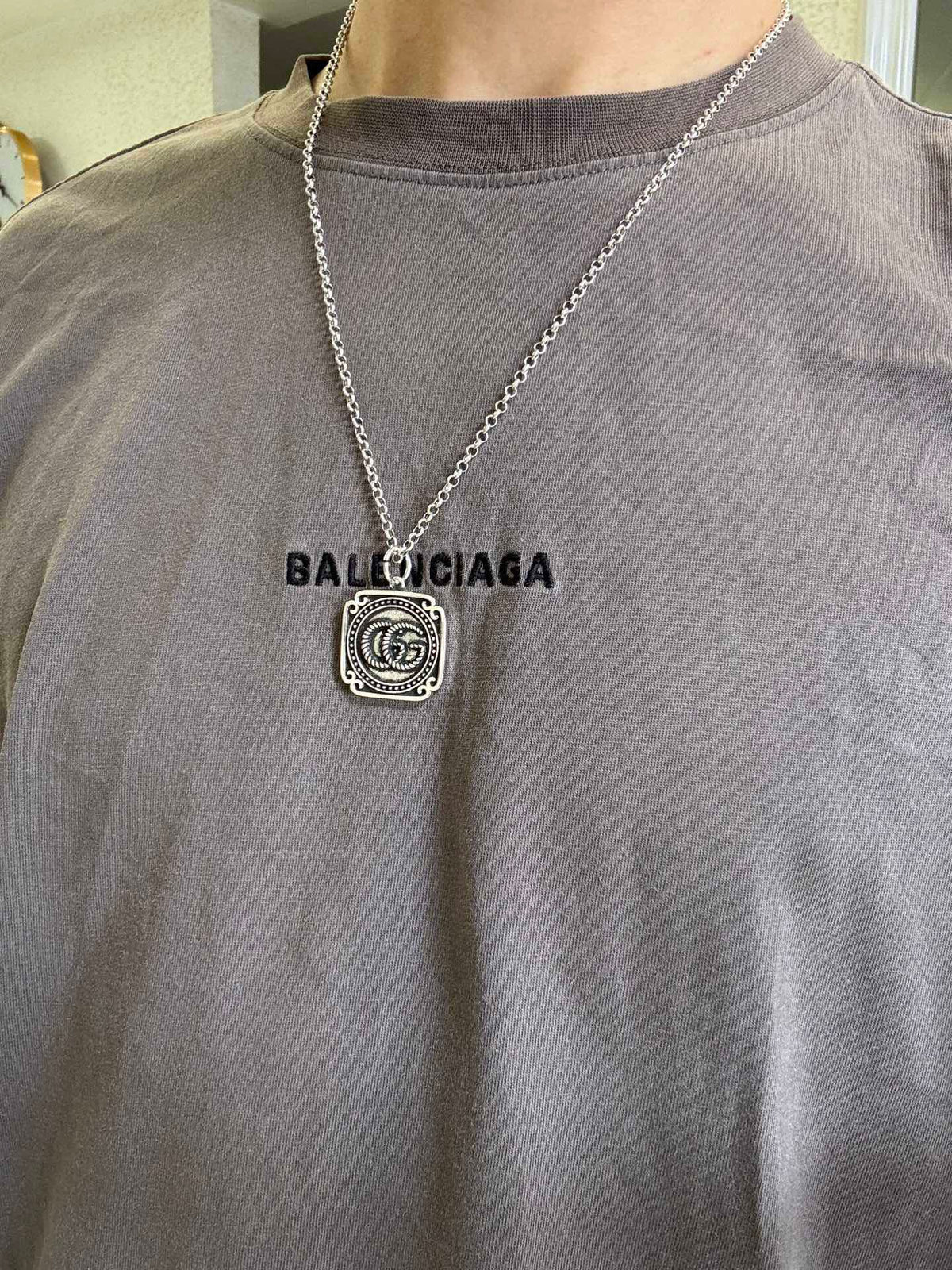 Double-G Emblem Pendant Necklace in Silver-Tone – Vintage Detail – Design 009 styled product view