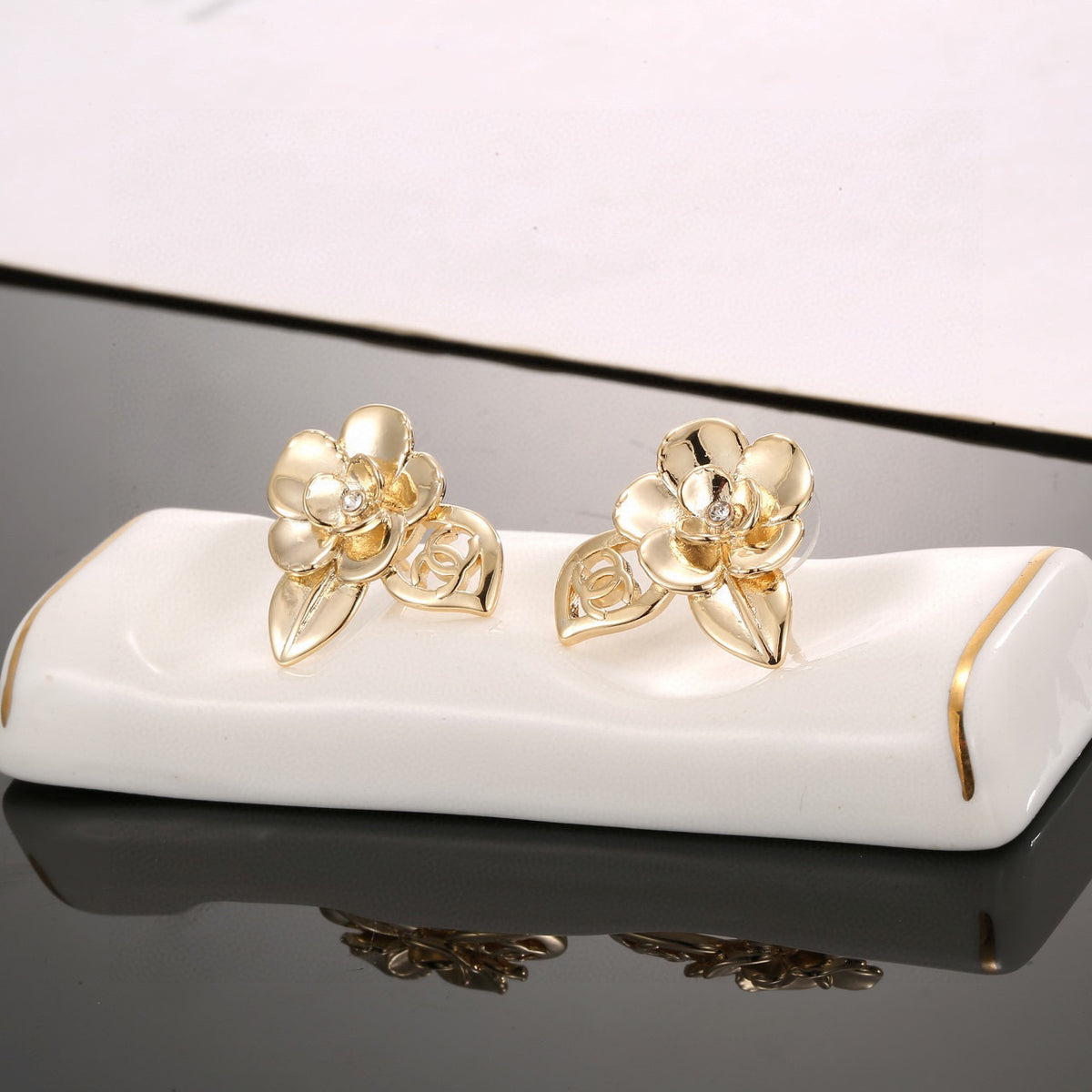 Camellia Stud Earrings in Gold-Tone – Camellia Detail – Design 009 side detail