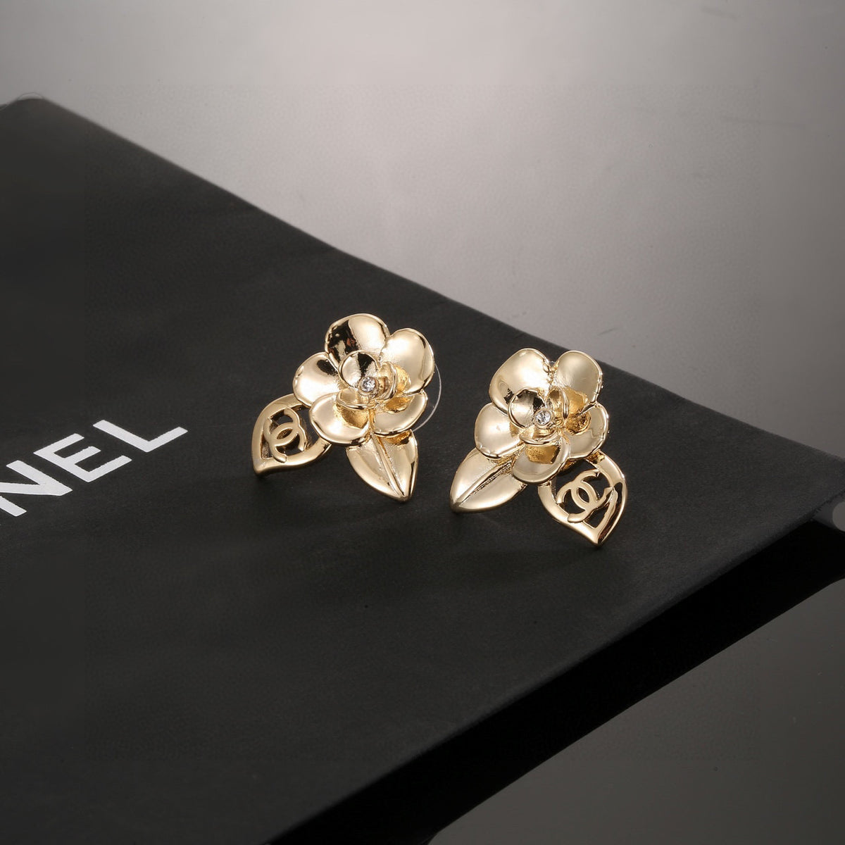 Camellia Stud Earrings in Gold-Tone – Camellia Detail – Design 009 detail view