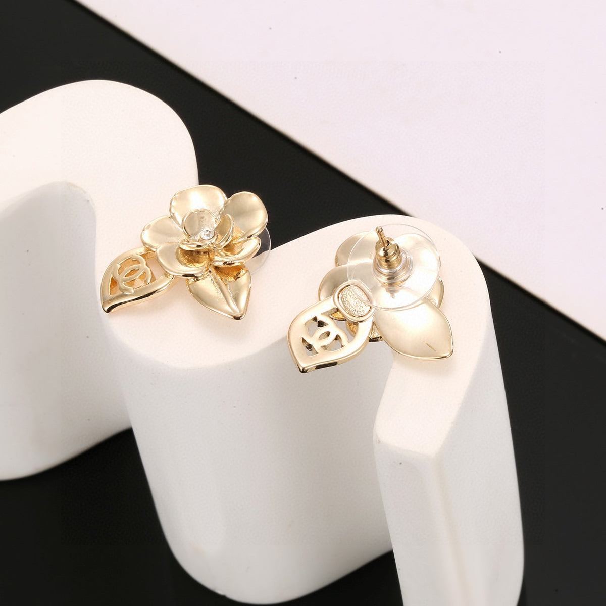 Camellia Stud Earrings in Gold-Tone – Camellia Detail – Design 009 close-up detail