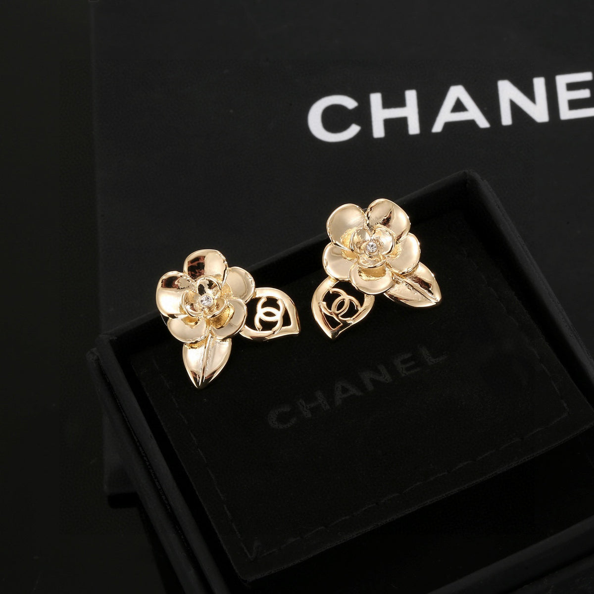 Camellia Stud Earrings in Gold-Tone – Camellia Detail – Design 009 front product view