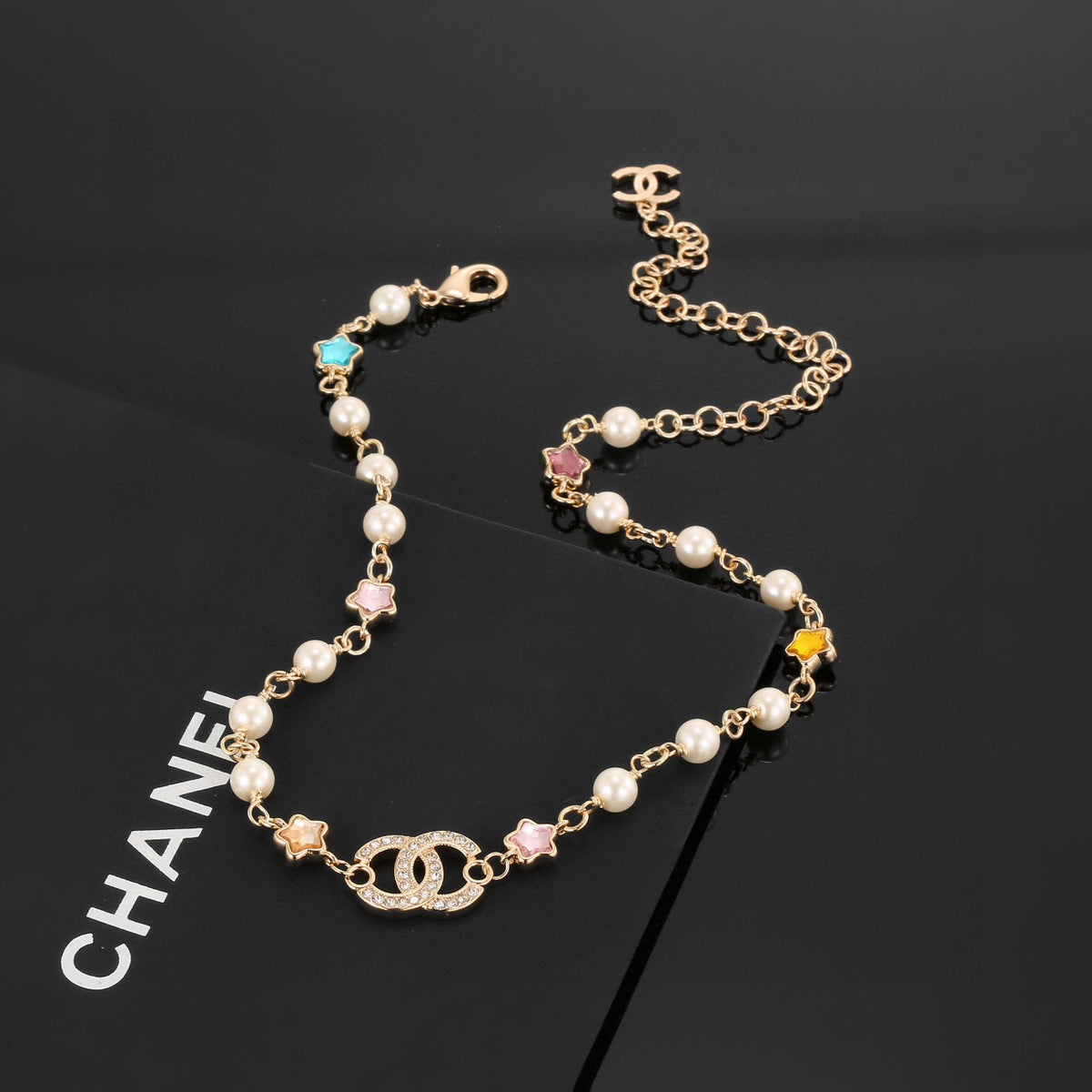 Double-C Emblem Pearl-Detail Pendant Necklace – Pearl Detail – Design 103 side detail