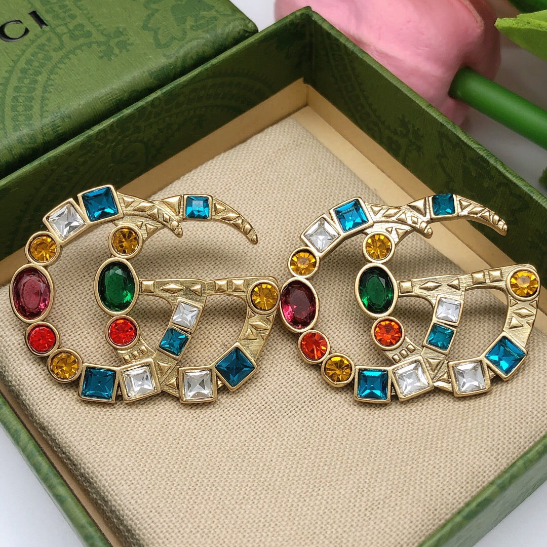 Geometric Emblem Stud Earrings in Polished Metal-Tone – Design 021 detail view