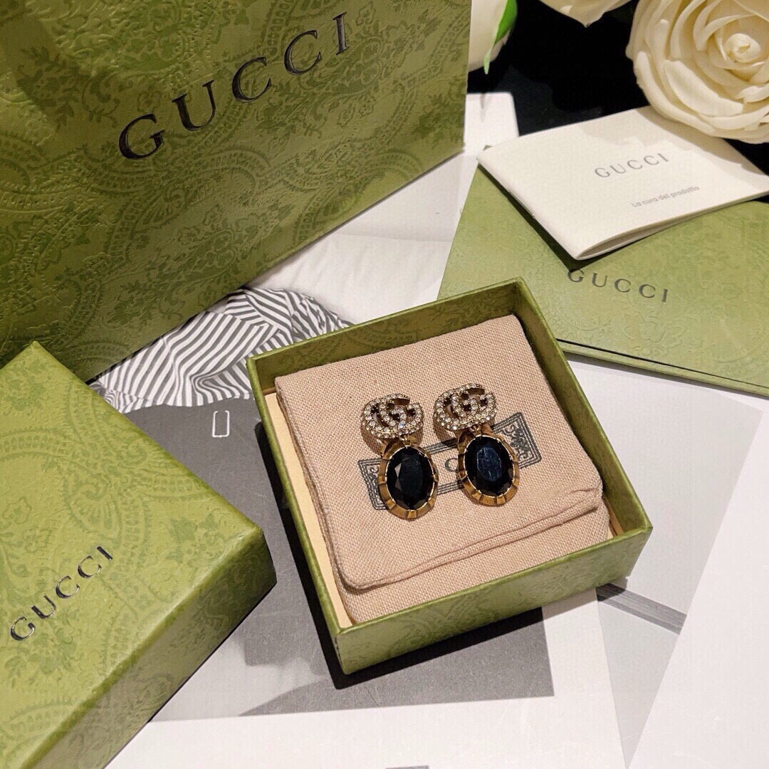 Double-G Emblem Stud Earrings in Black-Tone – Black Detail front product view
