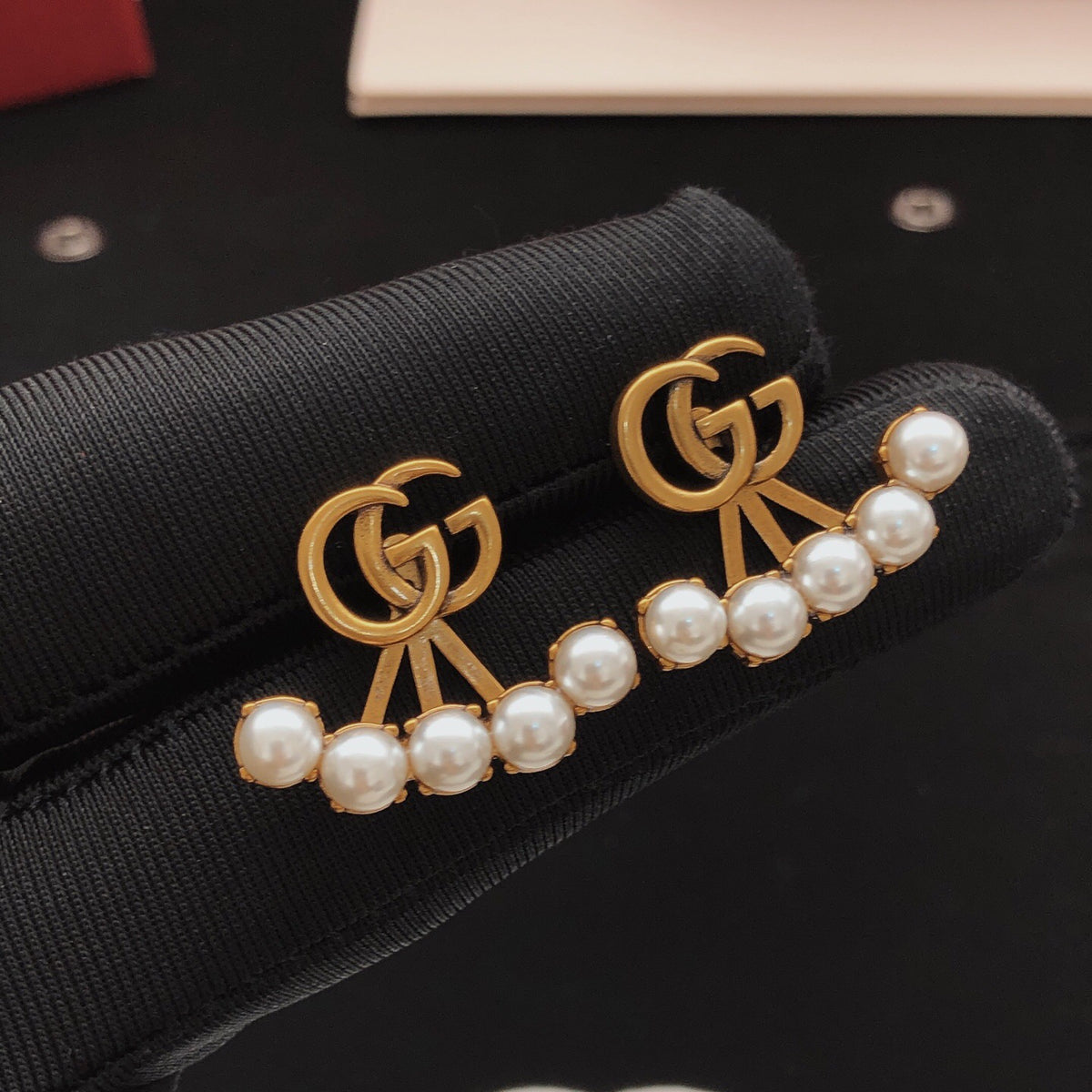 Geometric Emblem Stud Earrings in Gold-Tone – Design 002 detail view