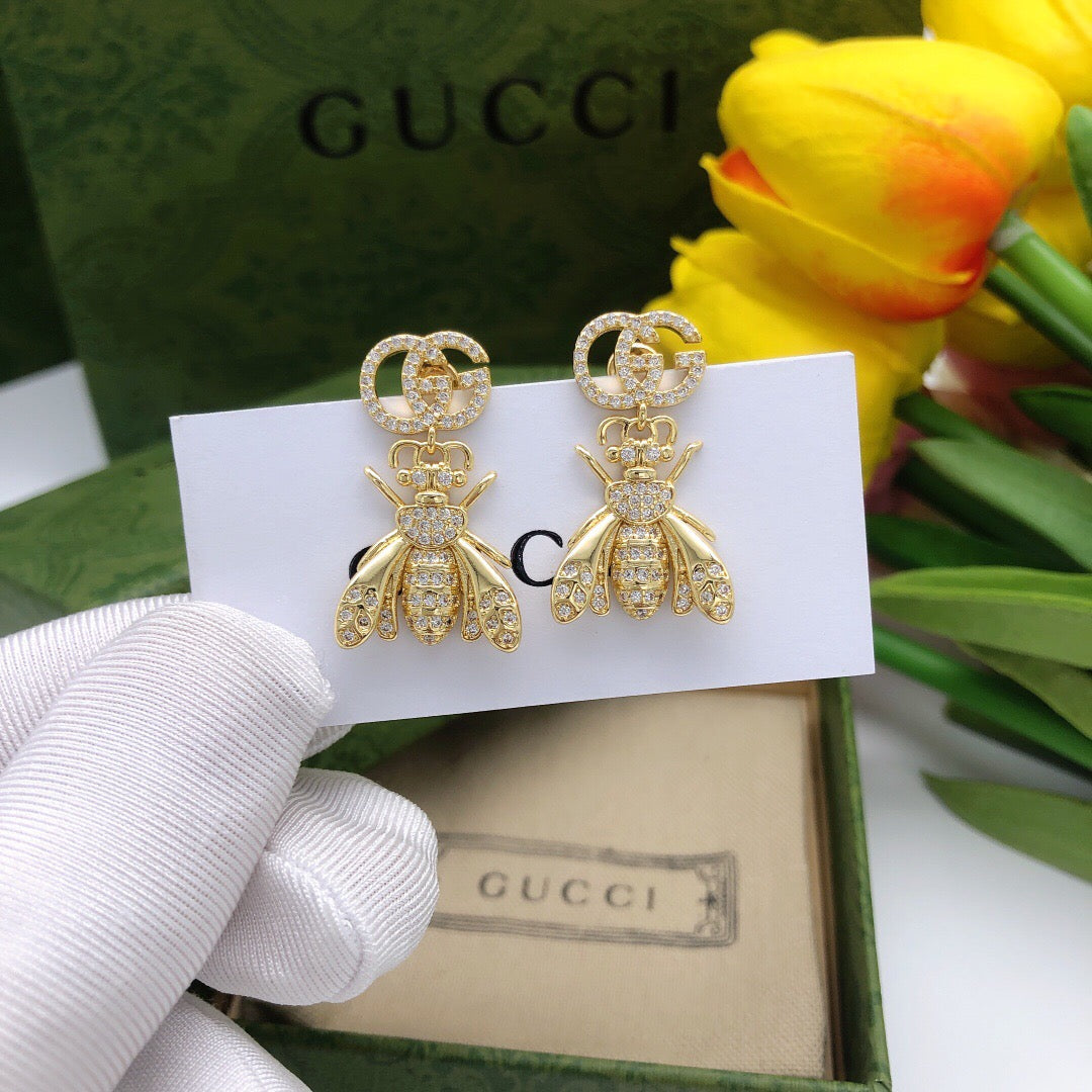 Bee Statement Earrings in Polished Metal-Tone – Bee Detail – Design 002 front product view