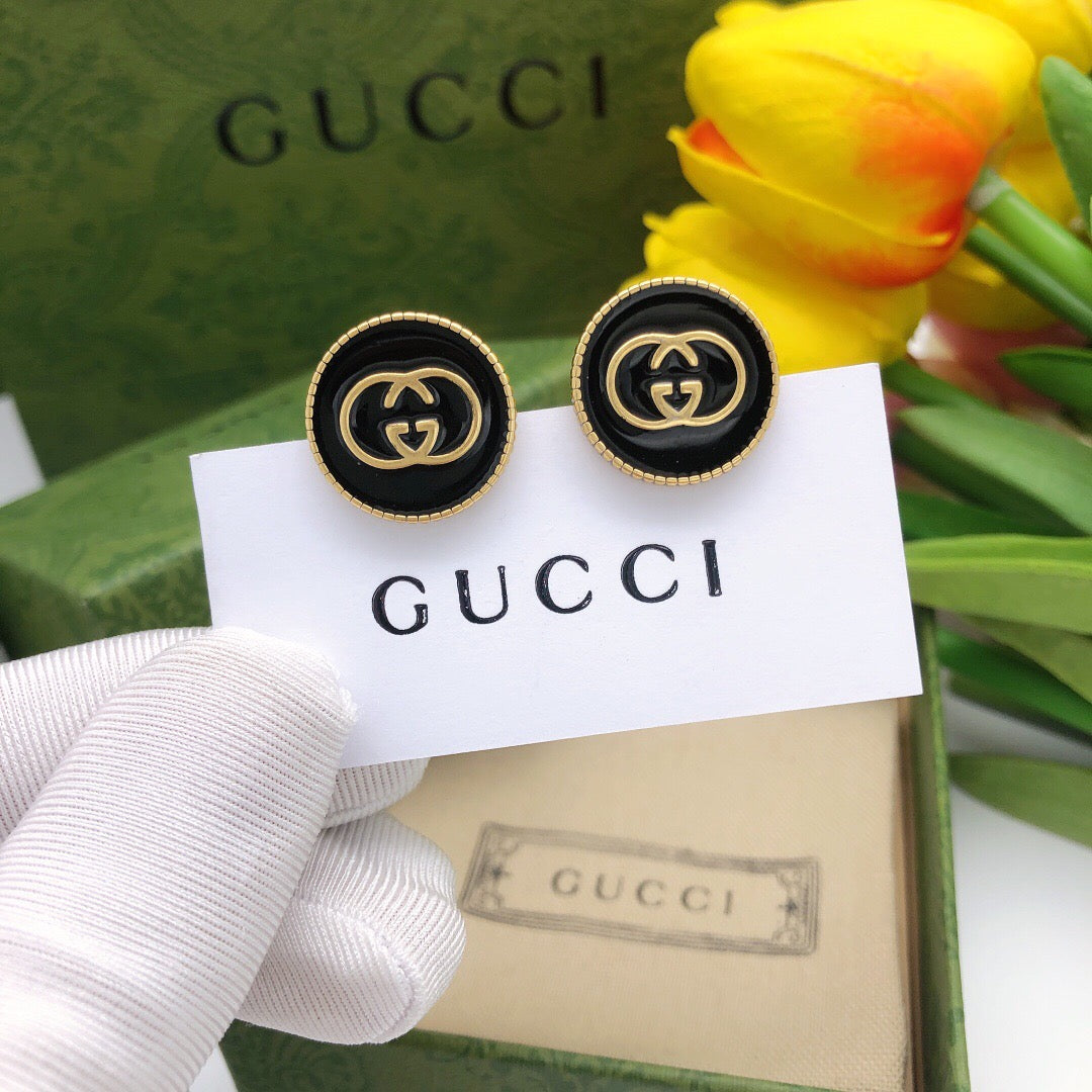 Double-G Emblem Stud Earrings in Polished Metal-Tone – Design 012 front product view