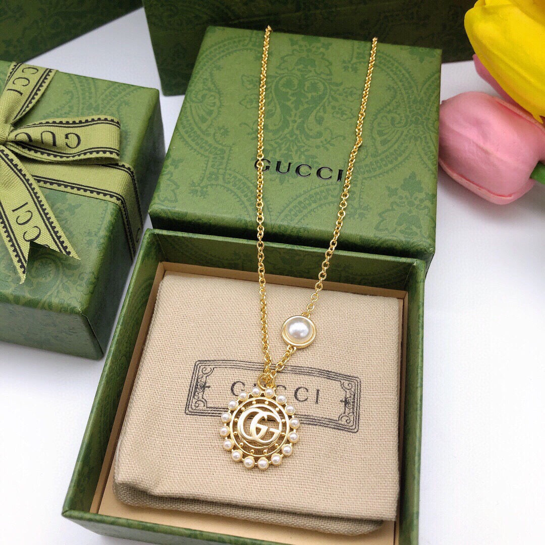 Double-G Emblem Pendant Necklace in Polished Metal-Tone – Design 059 front product view