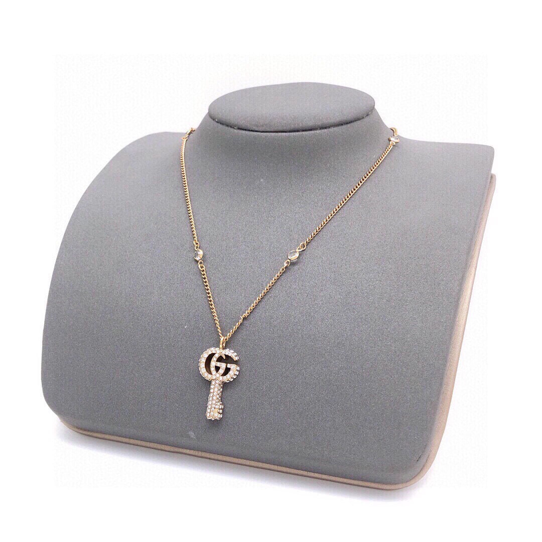 Double-G Emblem Pendant Necklace in Polished Metal-Tone – Crystal Detail – Design 002 main product view