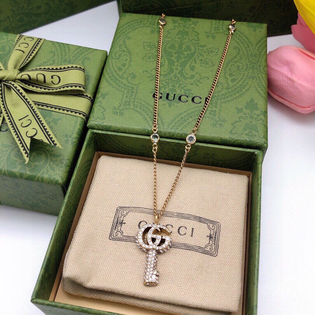 Double-G Emblem Pendant Necklace in Polished Metal-Tone – Crystal Detail – Design 002 front product view