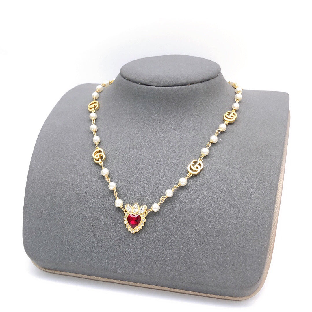 Heart Pendant Necklace in Polished Metal-Tone – Red Detail main product view