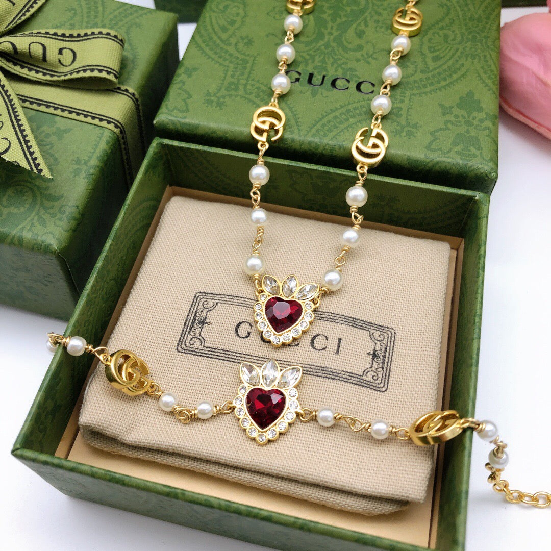 Heart Pendant Necklace in Polished Metal-Tone – Red Detail detail view