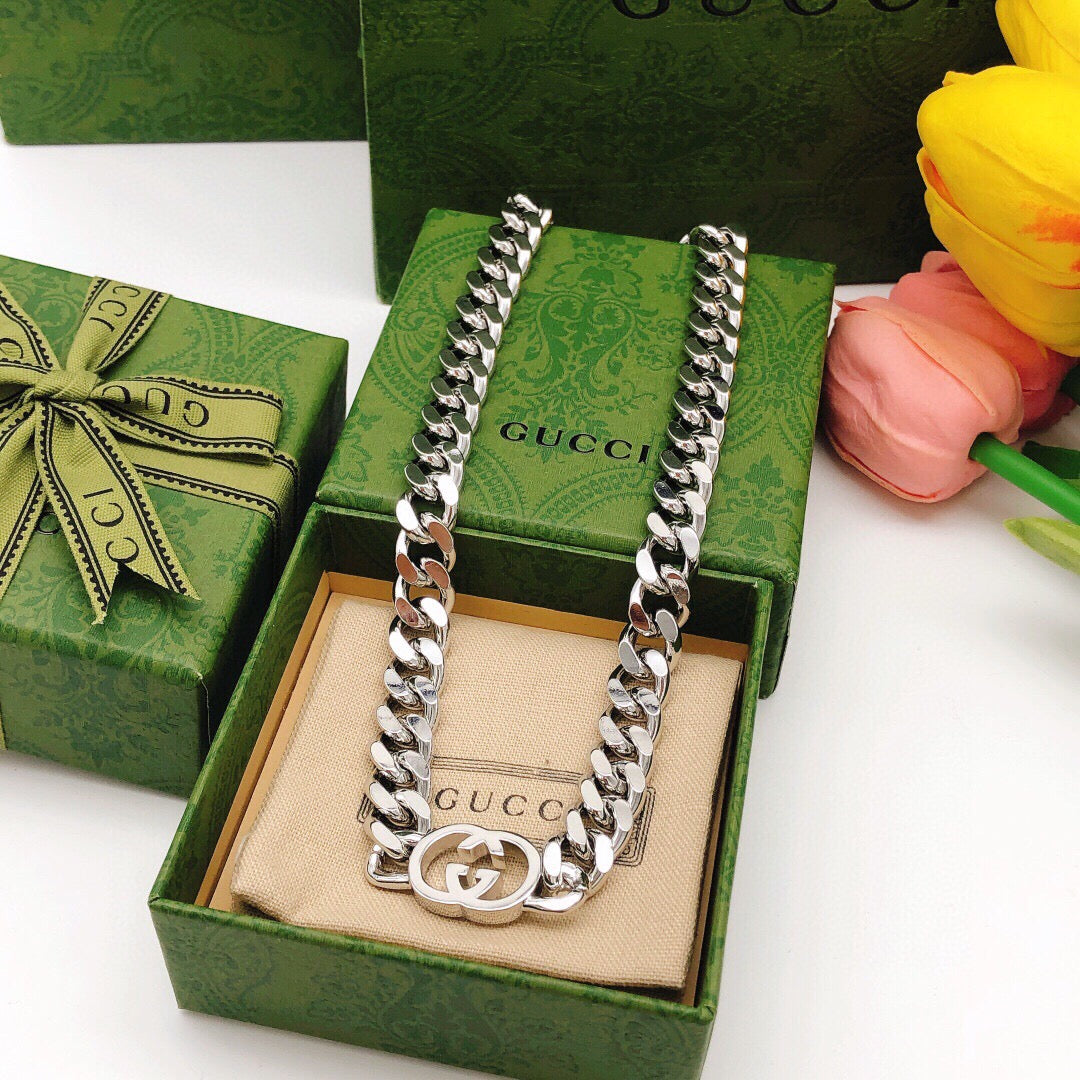 Double-G Emblem Pendant Necklace in Silver-Tone – Design 019 styled product view