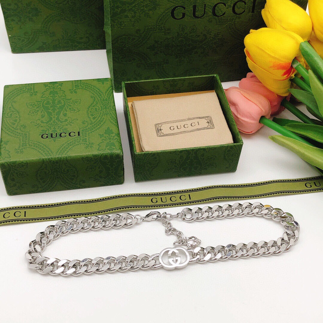 Double-G Emblem Pendant Necklace in Silver-Tone – Design 019 front product view