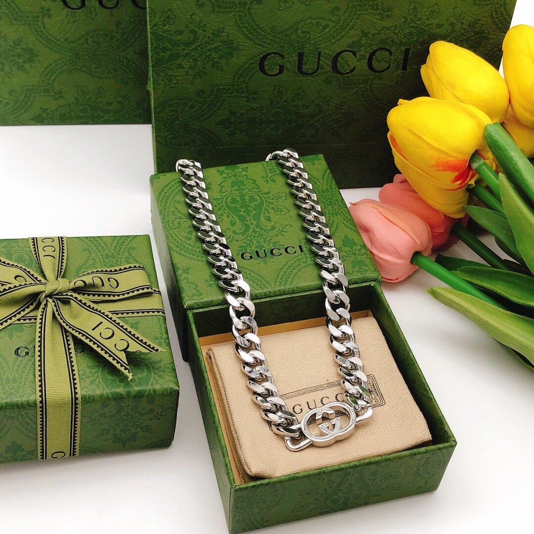 Double-G Emblem Pendant Necklace in Silver-Tone – Design 019 front product view