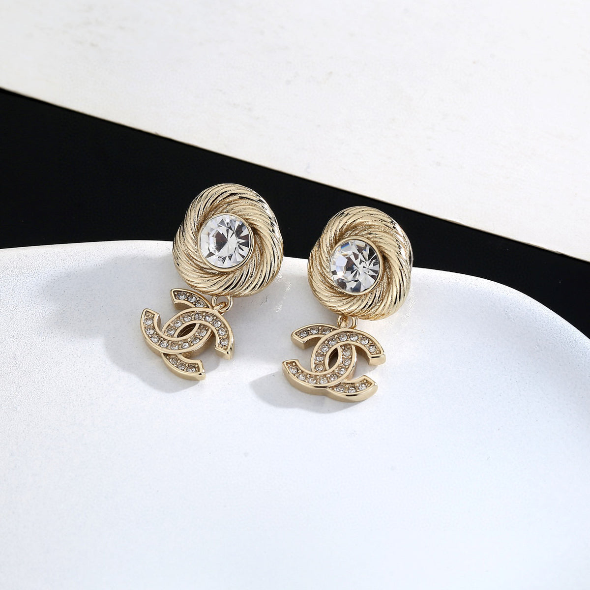 Double-C Emblem Stud Earrings in Gold-Tone – Design 013 styled product view