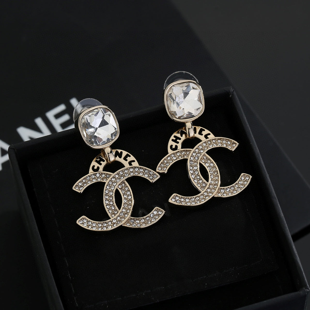Double-C Emblem Stud Earrings in Gold-Tone – Design 012 front product view
