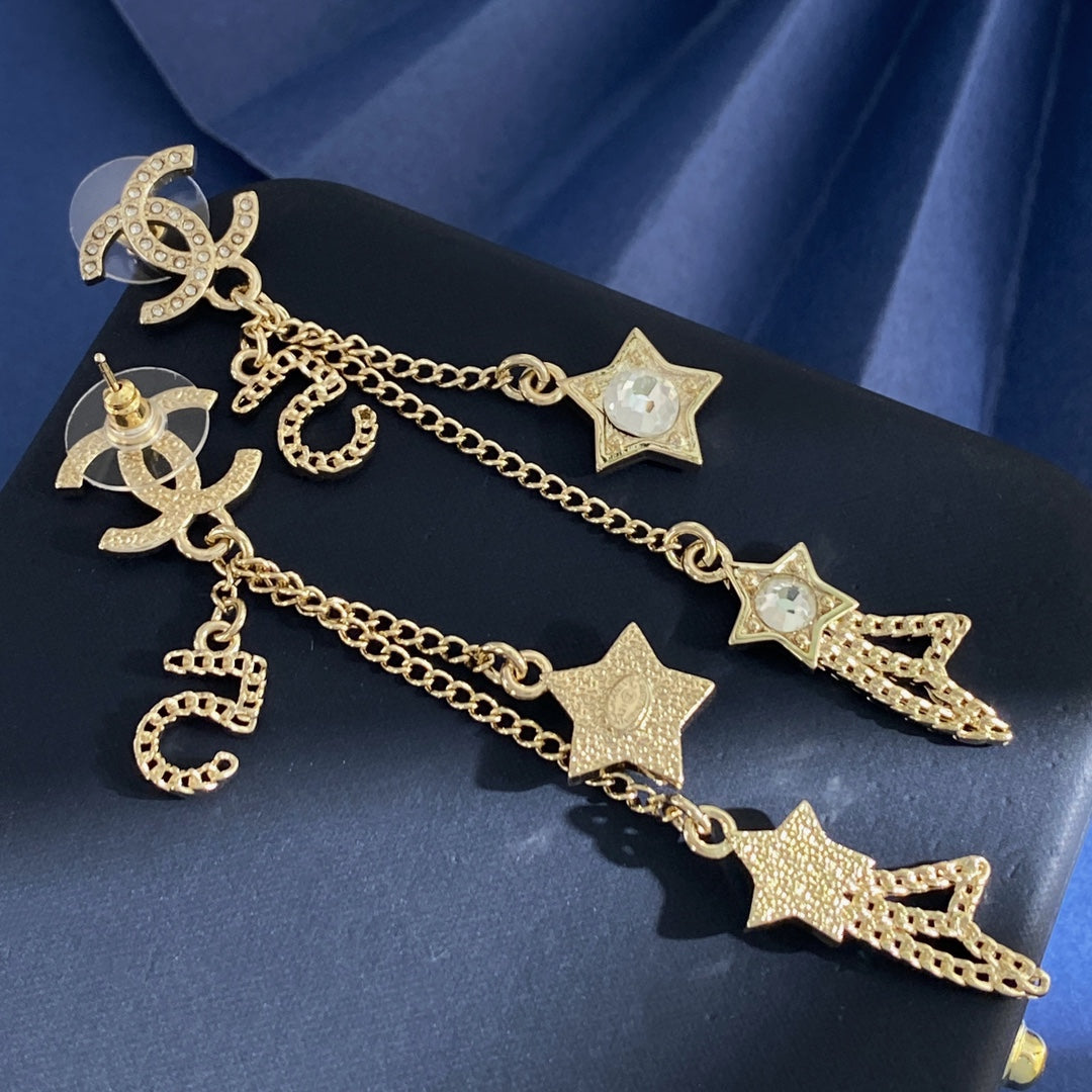 Double-C Emblem Crystal-Accent Stud Earrings – Star Detail – Design 004 front product view