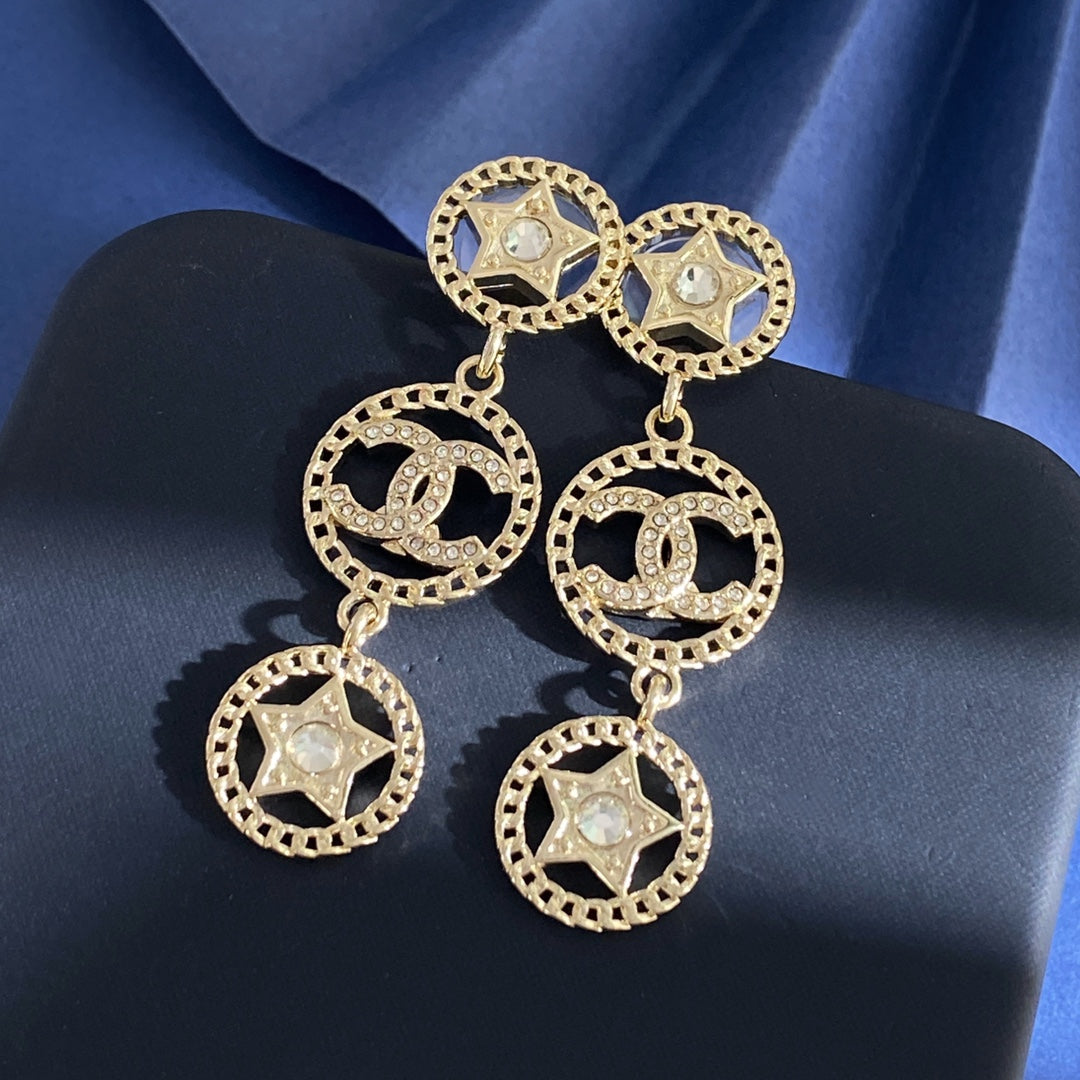 Double-C Emblem Stud Earrings in Gold-Tone – Star Detail – Design 009 front product view