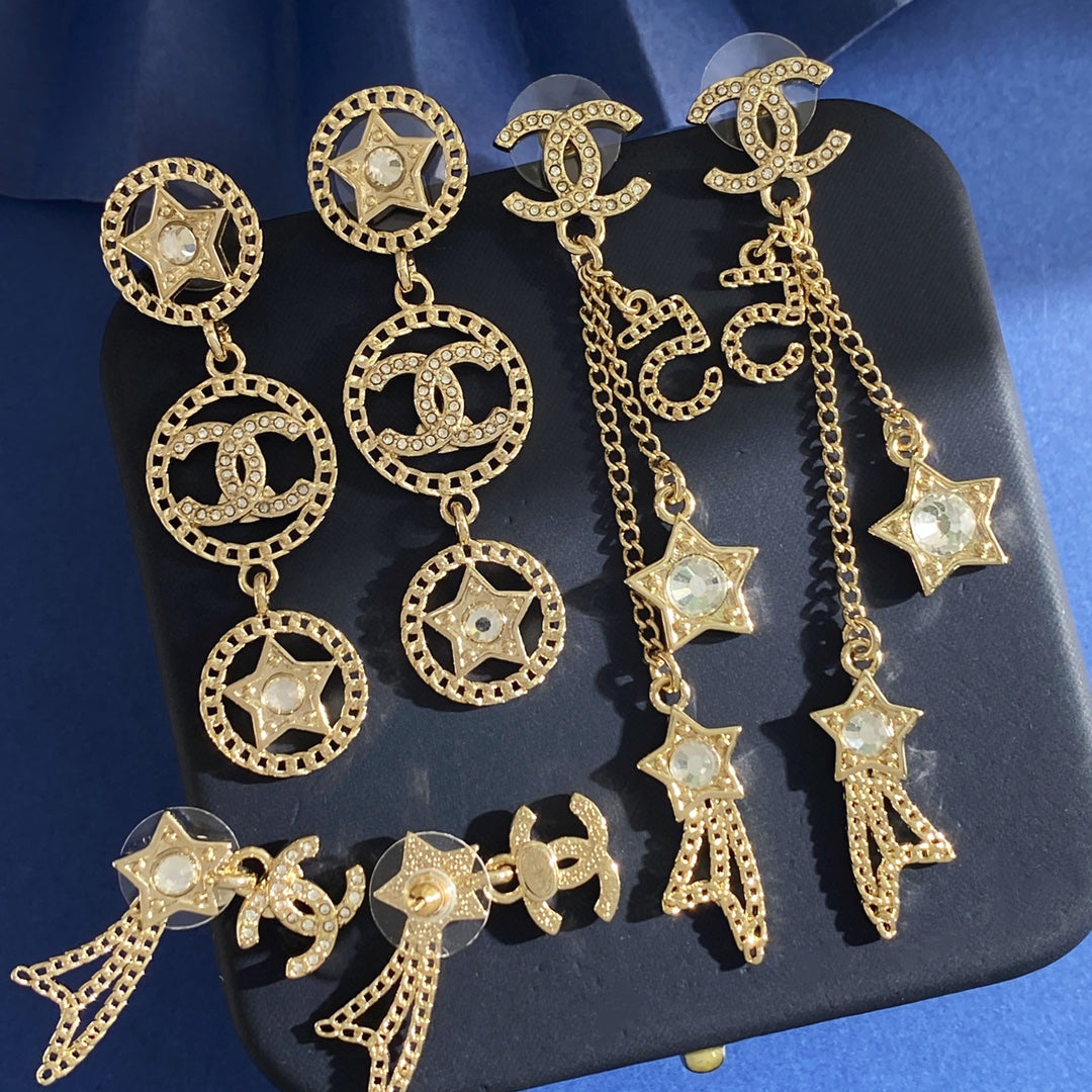 Double-C Emblem Stud Earrings in Gold-Tone – Star Detail – Design 009 side detail