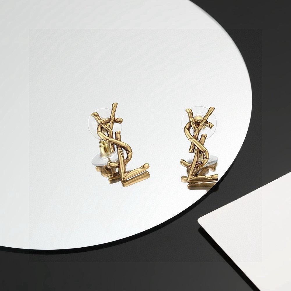 Geometric Emblem Stud Earrings in Gold-Tone – Design 011 styled product view