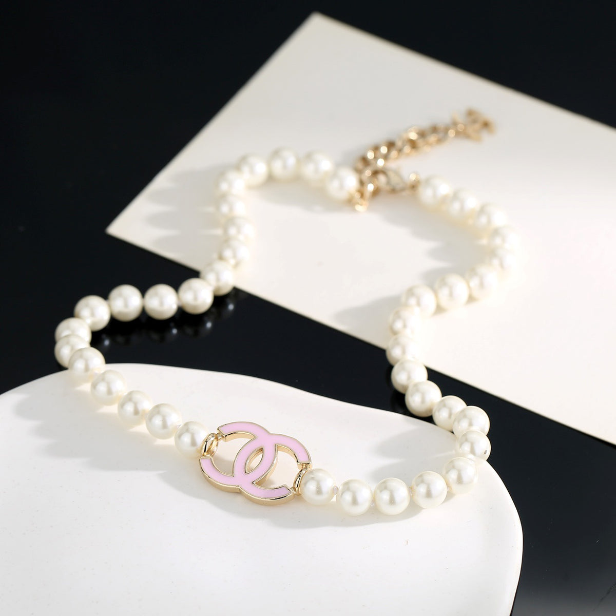 Double-C Emblem Pearl-Detail Pendant Necklace – Pearl Detail – Design 102 main product view