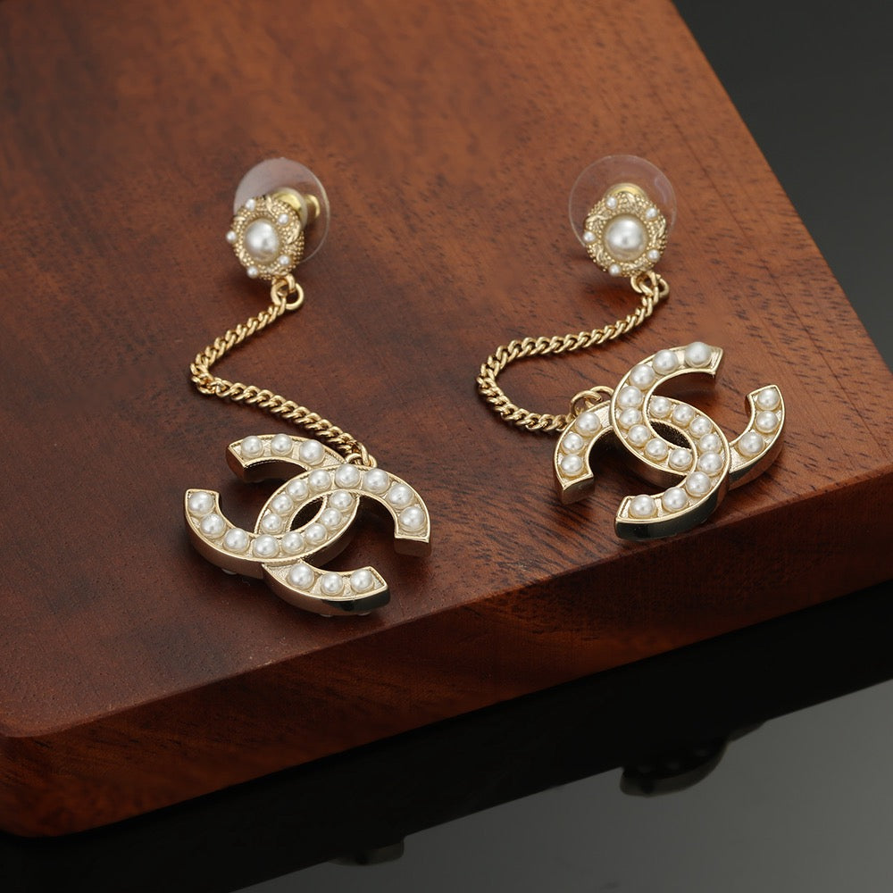 Double-C Emblem Pearl-Detail Stud Earrings – Pearl Detail – Design 023 styled product view