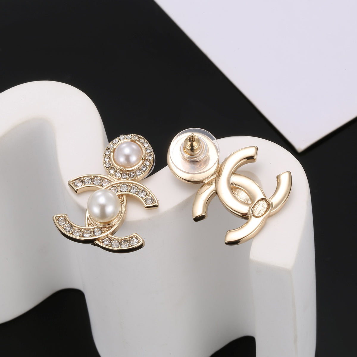 Signature Emblem Stud Earrings in Polished Metal-Tone – Design 085 detail view