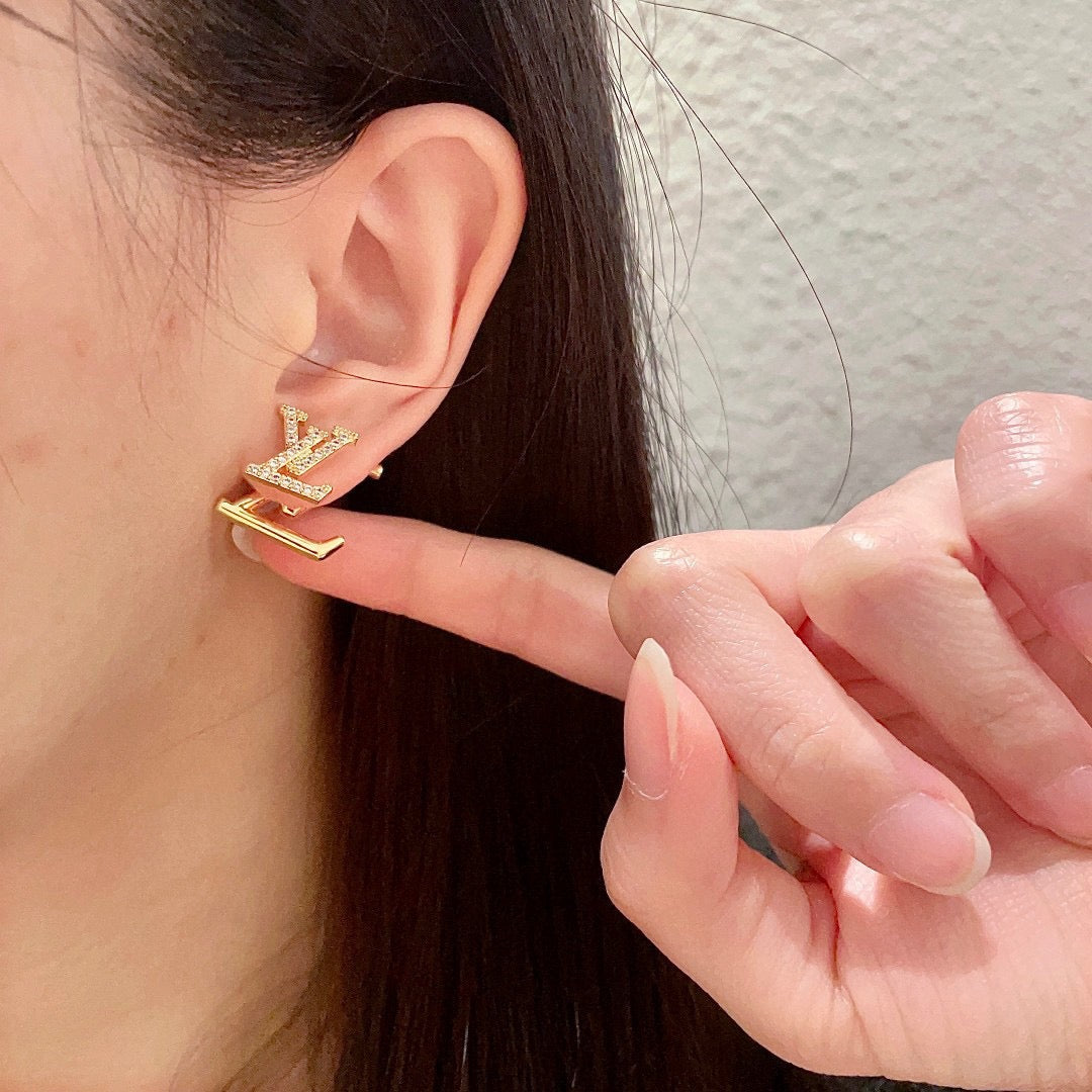 Letter Emblem Stud Earrings in Gold-Tone – Design 005 styled product view