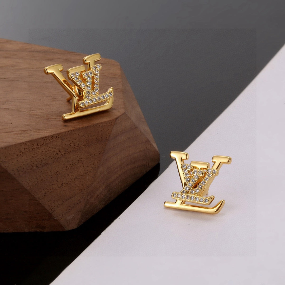 Letter Emblem Stud Earrings in Gold-Tone – Design 005 main product view