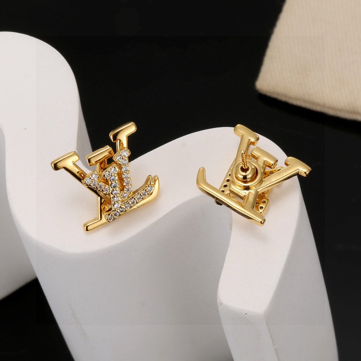 Letter Emblem Stud Earrings in Gold-Tone – Design 008 side detail