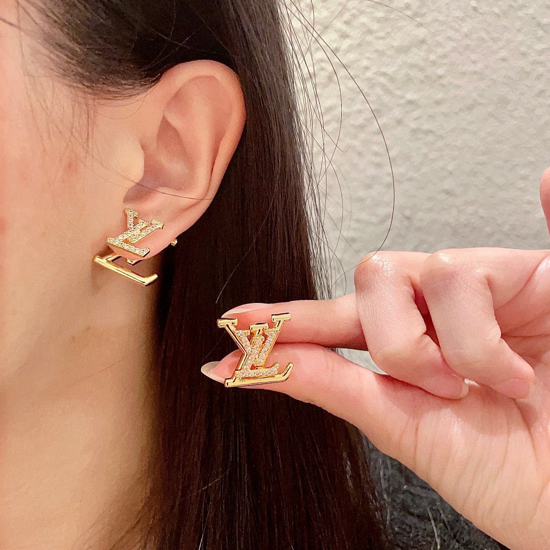 Letter Emblem Stud Earrings in Gold-Tone – Design 005 close-up detail