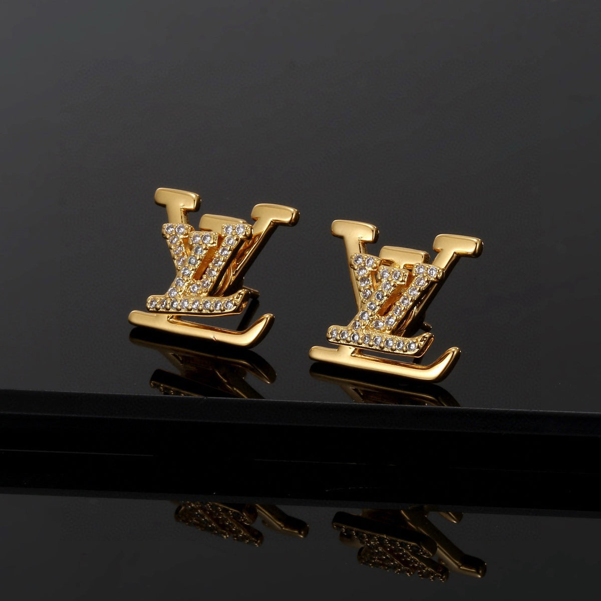 Letter Emblem Stud Earrings in Gold-Tone – Design 005 front product view