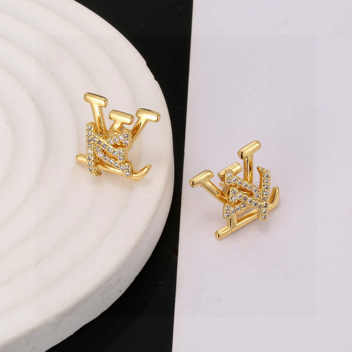 Letter Emblem Stud Earrings in Gold-Tone – Design 005 detail view