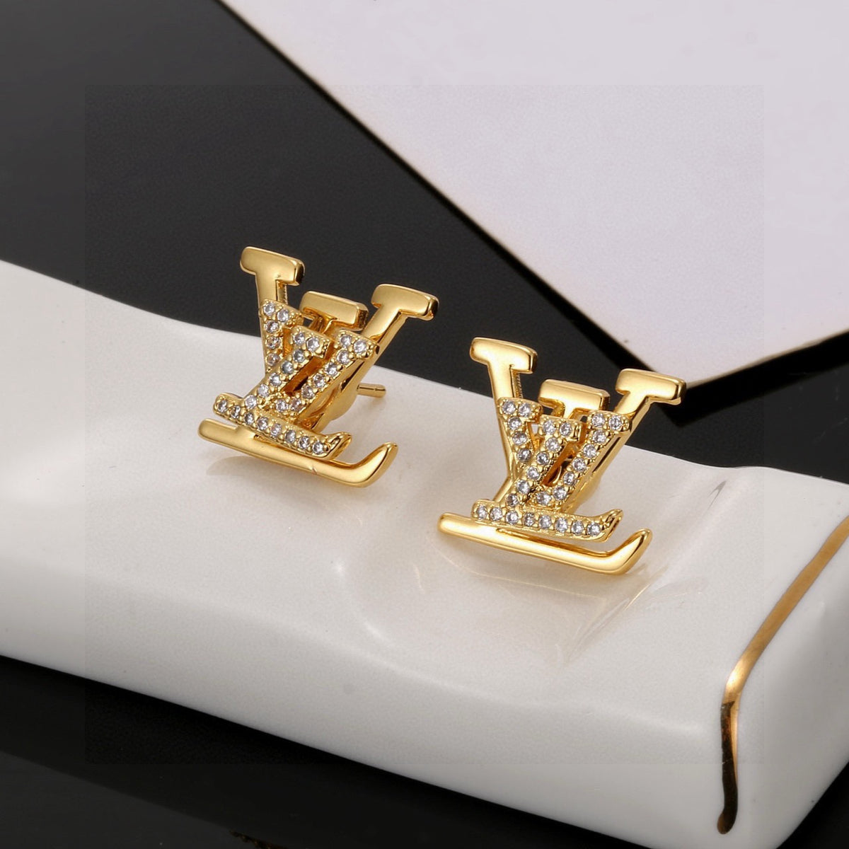 Letter Emblem Stud Earrings in Gold-Tone – Design 005 front product view