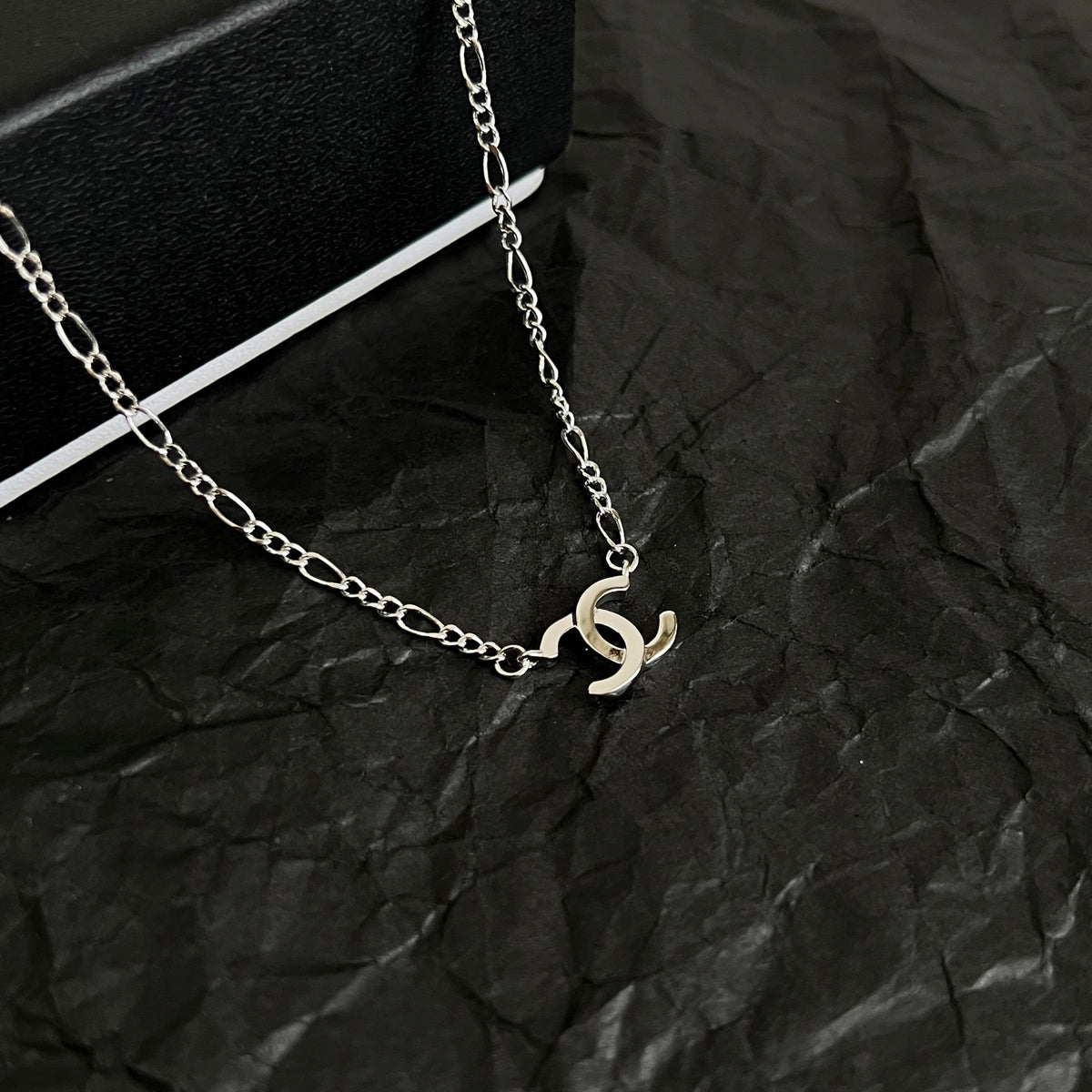 Double-C Emblem Pendant Necklace in Polished Metal-Tone – Design 066 side detail