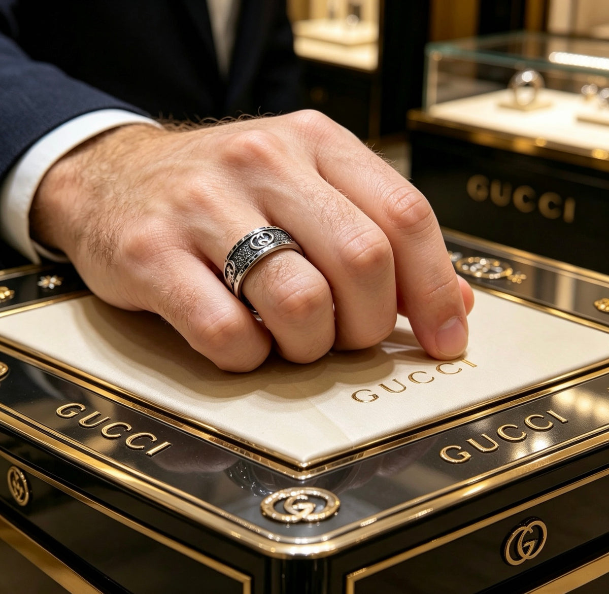 Double-G Emblem Statement Ring in Polished Metal-Tone – Design 003 detail view