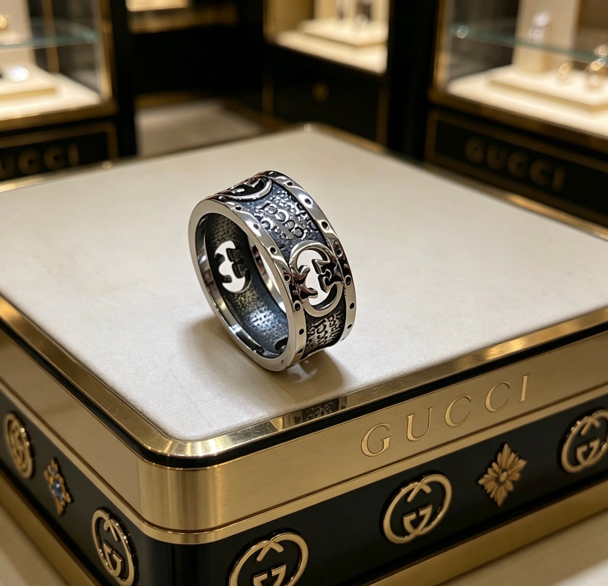 Double-G Emblem Statement Ring in Polished Metal-Tone – Design 003 front product view