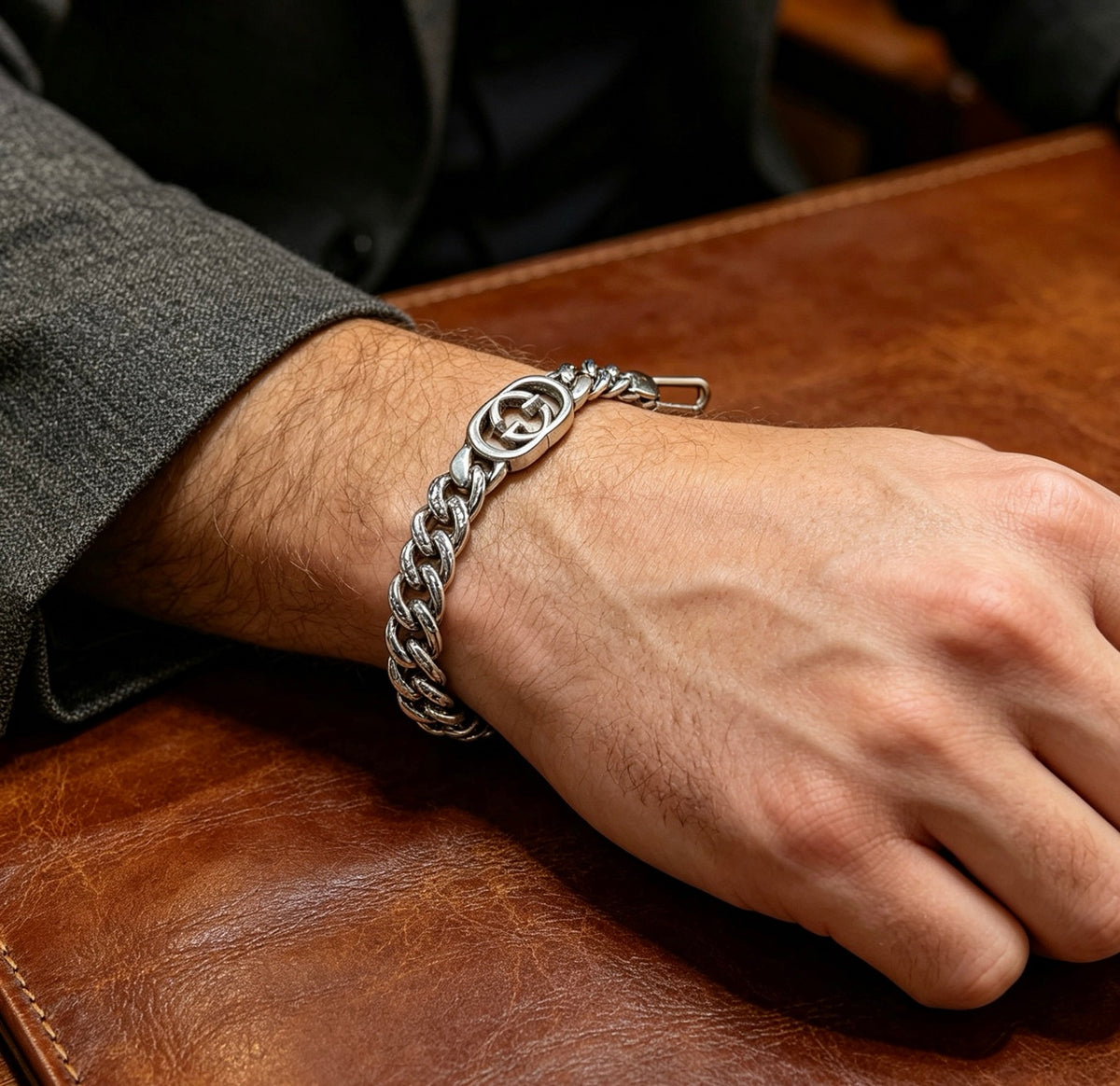 Geometric Emblem Bracelet in Polished Metal-Tone – Design 041 front product view