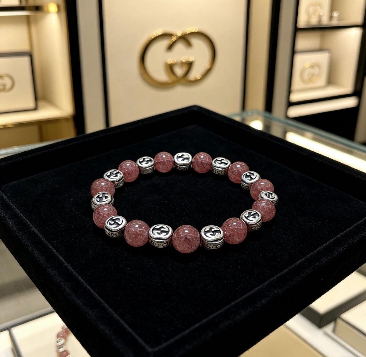 Double-G Emblem Beaded Bracelet in Polished Metal-Tone – Agate Detail – Design 013 front product view