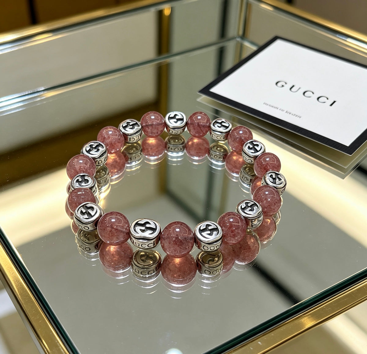 Double-G Emblem Beaded Bracelet in Polished Metal-Tone – Agate Detail – Design 024 side detail