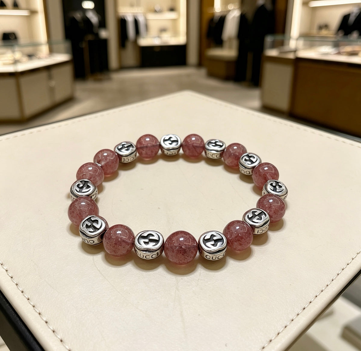 Double-G Emblem Beaded Bracelet in Polished Metal-Tone – Agate Detail – Design 013 main product view
