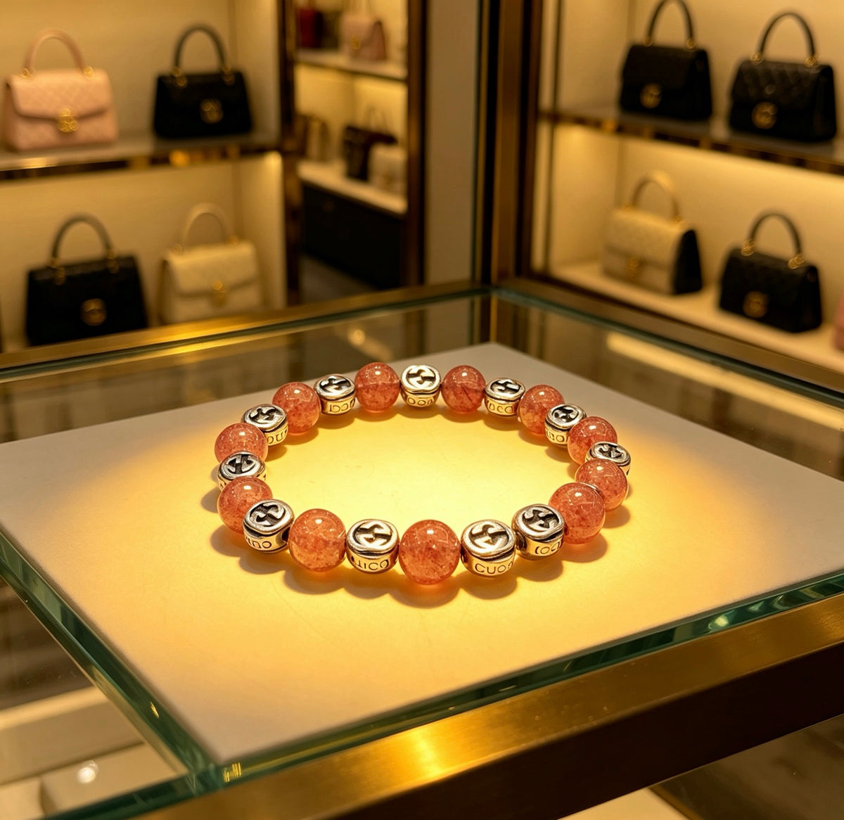 Double-G Emblem Beaded Bracelet in Polished Metal-Tone – Agate Detail – Design 013 front product view
