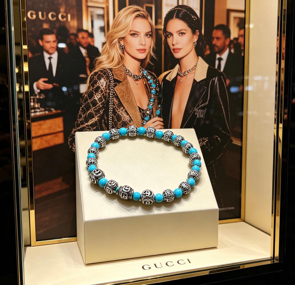 Double-G Emblem Beaded Bracelet in Polished Metal-Tone – Agate Detail – Design 012 main product view