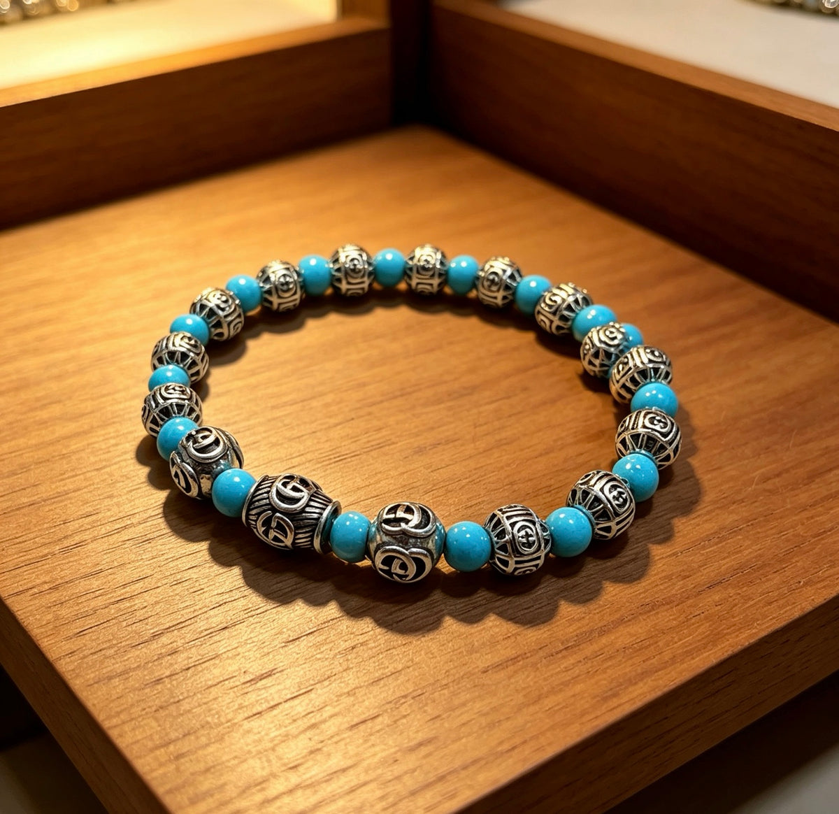 Double-G Emblem Beaded Bracelet in Polished Metal-Tone – Agate Detail – Design 023 main product view