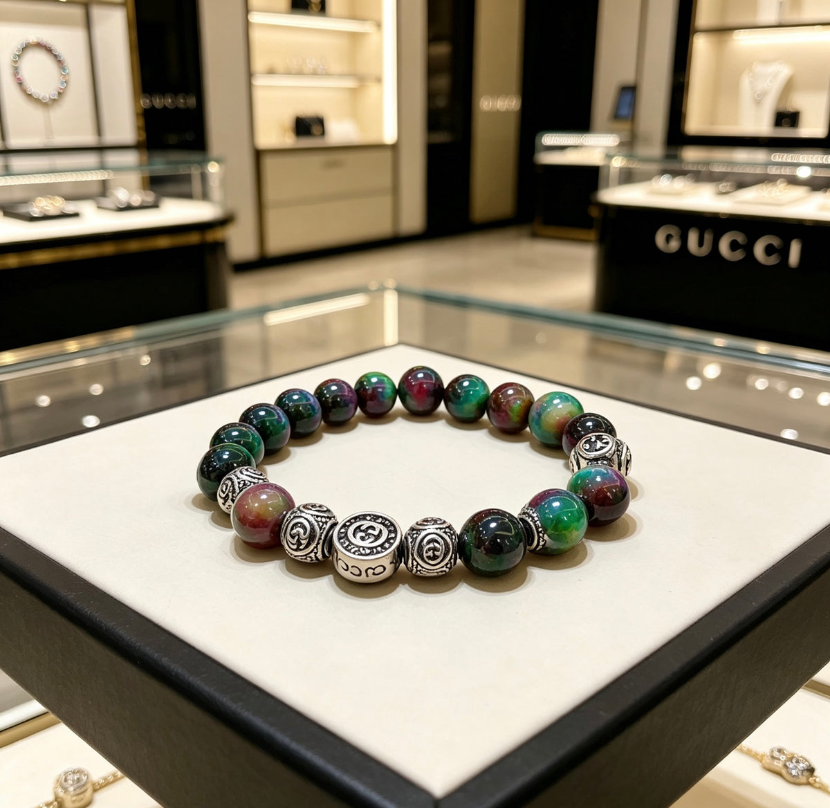 Double-G Emblem Beaded Bracelet in Polished Metal-Tone – Agate Detail – Design 011 front product view